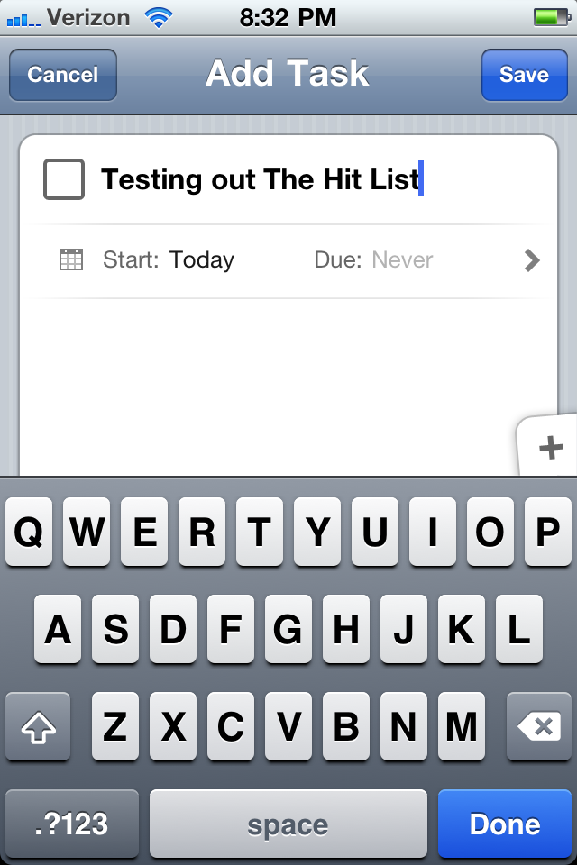 Task entry in The Hit List for iPhone