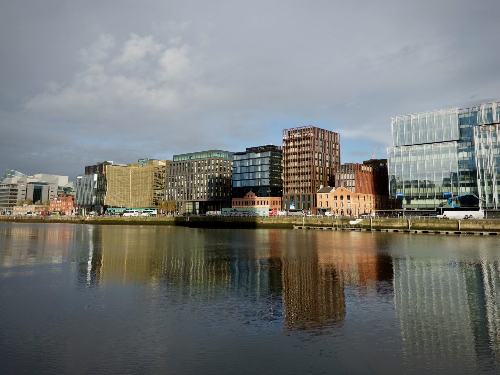 The River Liffey, looking north at the docklands towers.